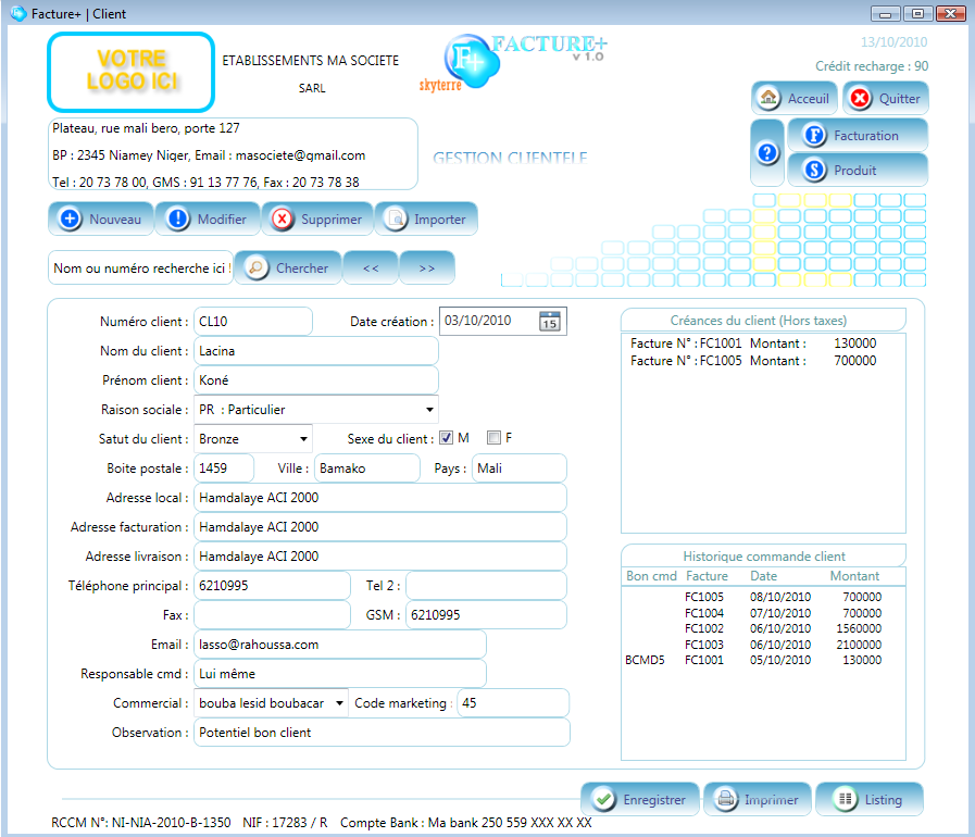 Formulaire de gestion clientèle de Facture+