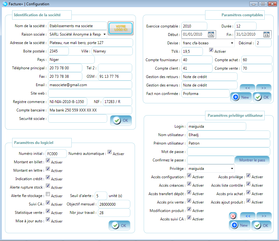 Formulaire de configuration de Facture+