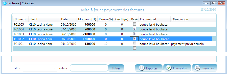 Formulaire mise à jour des créances